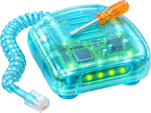 Modem 56k bening rakitan Ana dengan obeng oranye di atasnya